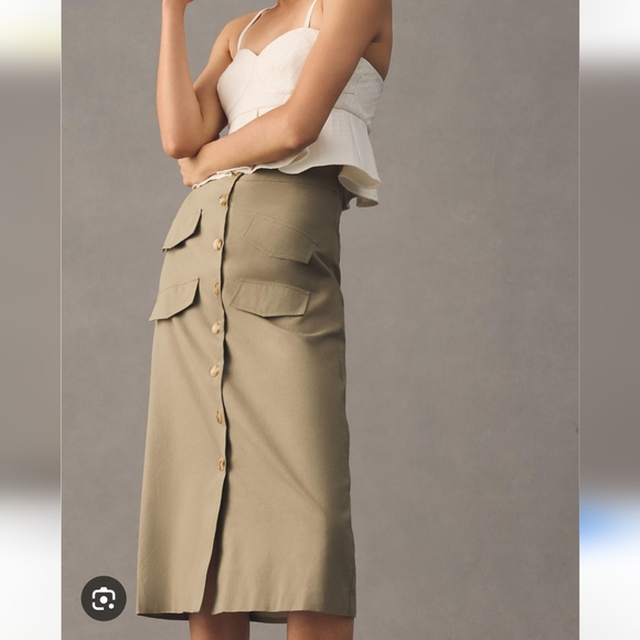 Anthropologie X Mare Mare Buttondown Utility Green Midi‎ Pencil Skirt - Picture 2 of 9